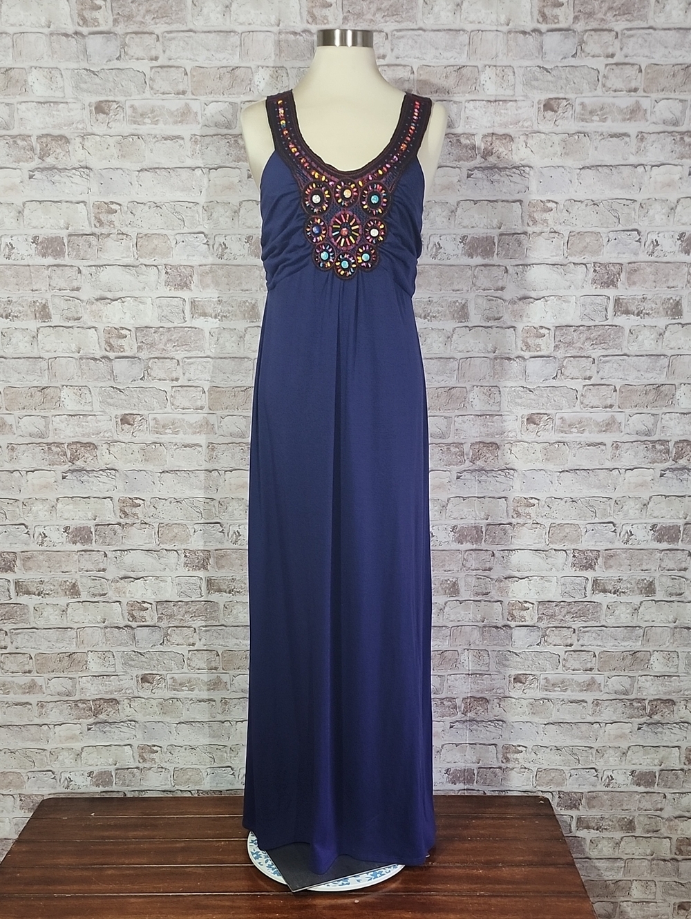 Maurices Navy Blue Maxi Dress Beaded Yoke Embellished Boho Scoop Neck Medium M
